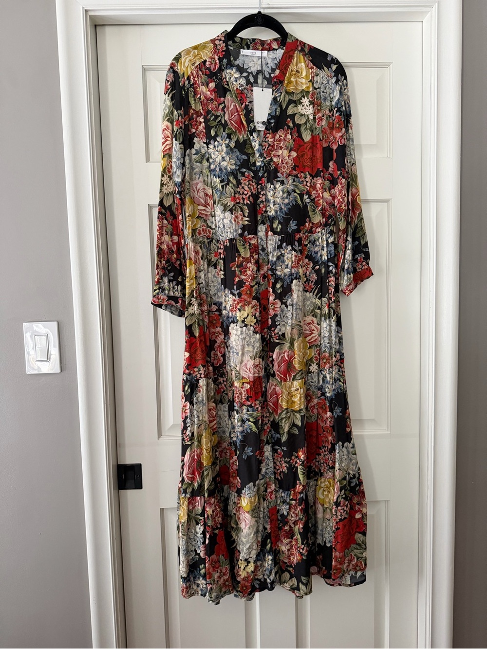 Mango Floral Maxi Dress in Black with Red, Yellow and Cream Flowers
